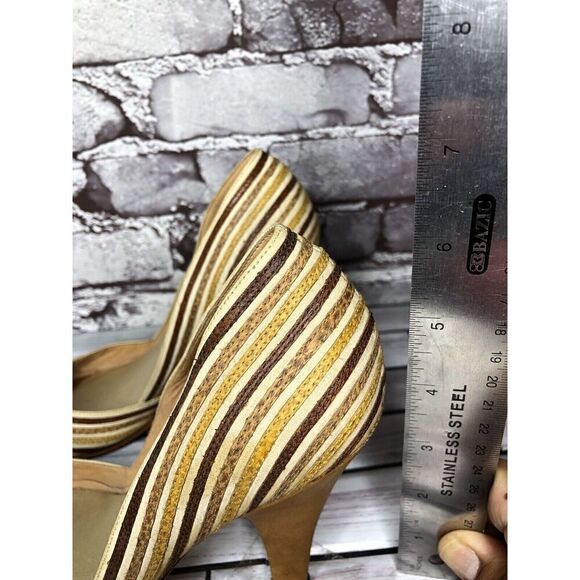 Marcello Toshi Gold Brown Stripe Fabric Peep Toe 5” High Heels Women Sz 6M US/37 - Picture 11 of 16